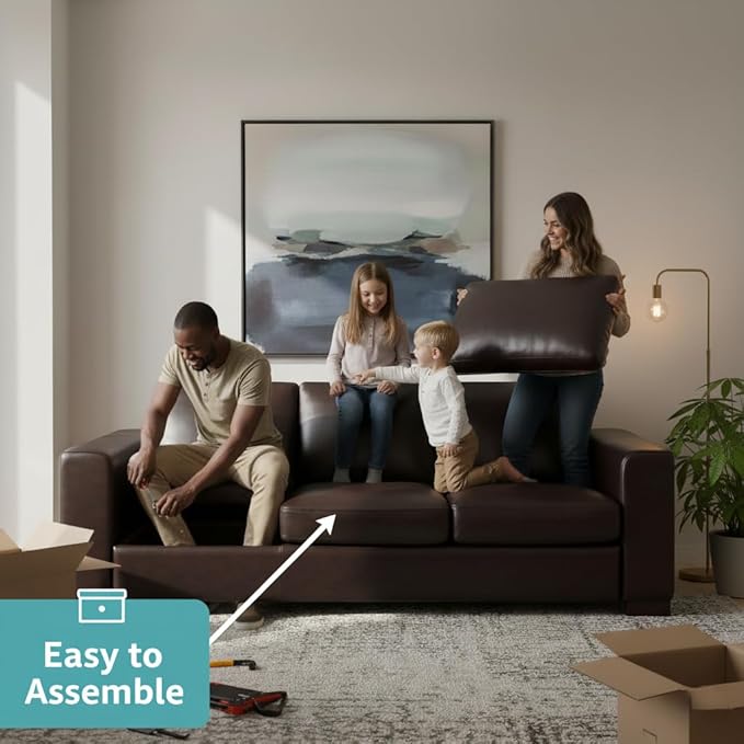 Naomi Home Freya Genuine Leather Sofa - Luxurious Comfort, Goose Feather Cushion Filling, Square Arm Design, Sturdy Block Legs, Elegant Espresso - Ideal for Living Room, Office, or Bedroom