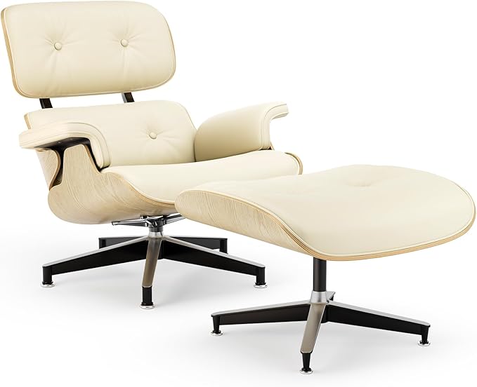 Top Cream White Grain Leather, Mid Century Chaise Lounge Chair and Ottoman, Modern Chair Classic Design, Ash Wood, Heavy Duty Base Support for Living Room Office