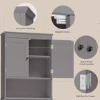 Gizoon Over The Toilet Storage Cabinet with Adjustable Shelf and Double Doors, Bathroom Space Saver Organizer Above Toilet with Open Shelf, Taller Wooden Free Standing Toilet Rack -Grey