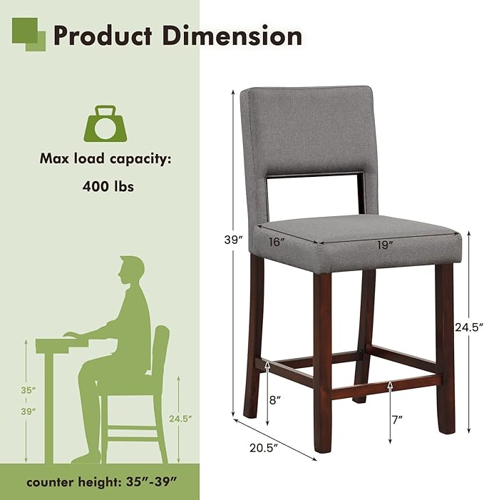 COSTWAY Bar Stools Set of 2, Linen 24.5 Inch Counter Height Chairs with Hollowed Backs, Rubber Wood Legs, Upholstered Barstools for Kitchen Island Home Bar Pub Dining Room, Grey