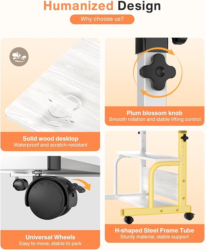 Portable Desk with Wheels Small Standing Desk on Wheels Adjustable Height Rolling Desks for Small Spaces, 32" Computer Desks with Storage Shelves for Home Office Study White