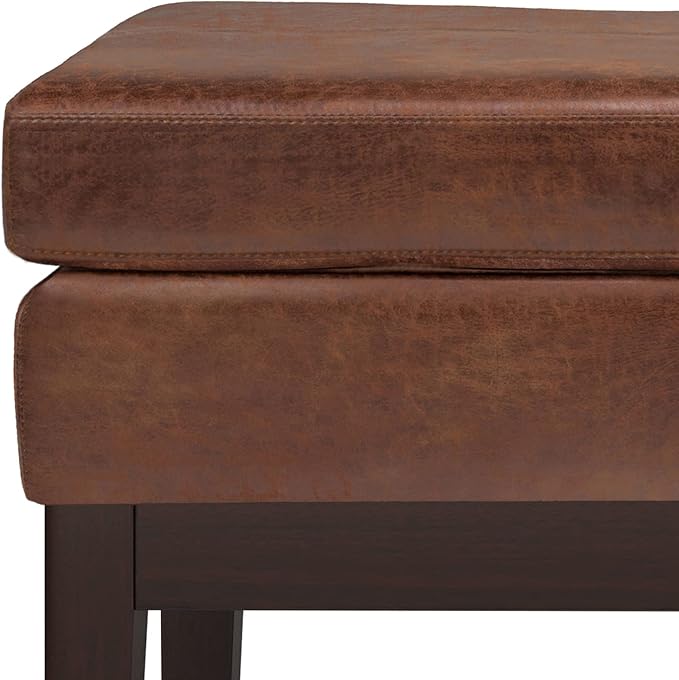 SIMPLIHOME Carlson 2-inch Wide Vegan Faux Leather Small Ottoman Bench in Distressed Black with Solid Wood Frame for Living Room, Entryway, or Bedroom