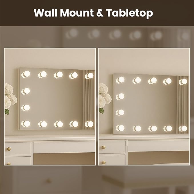 WTTY LED Bathroom Mirror with Lights 60"x36" Hollywood Wall-Mounted Mirror with 3 Color Temperatures, Stepless Dimmable Bulbs, Anti-Fog & Shatter-Proof