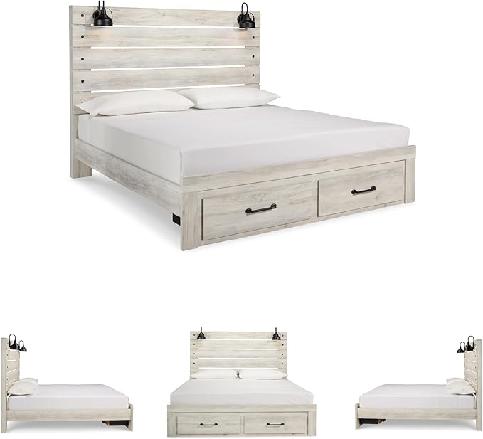 Signature Design by Ashley Cambeck Farmhouse King Panel Bed with 2 Storage Drawers, Sconce Lights and USB Ports, Foundation or Box Spring Needed, Whitewash