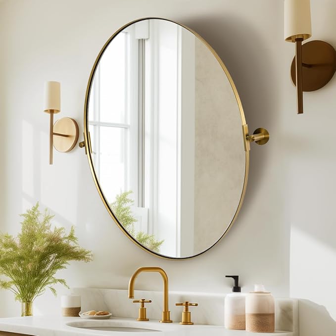 ANDY STAR Gold Bathroom Mirror, 22" x 34" Tilting Vanity Oval Mirror for Wall, Brushed Gold Stainless Steel Metal Frame Pivot Mirror Hangs Vertically Wall-Mounted