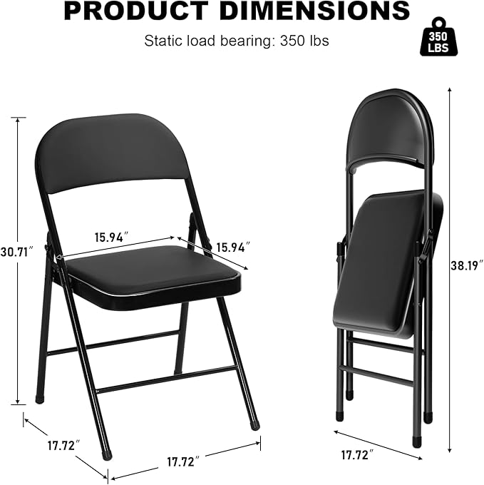 4 Pack Black Folding Chairs with Padded Cushion for Outside, Portable Stackable Commercial Metal Foldable Chairs with Steel Frame for Home Events Office Wedding Party, 350lbs Capacity
