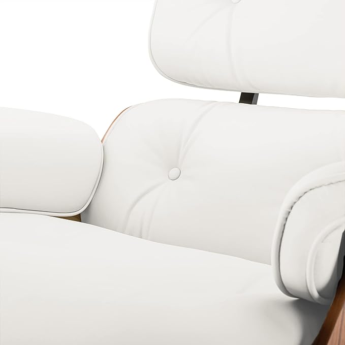 Top White Grain Leather, Mid Century Chaise Lounge Chair and Ottoman, Modern Chair Classic Design, Palisander Wood, Heavy Duty Base Support for Living Room Office