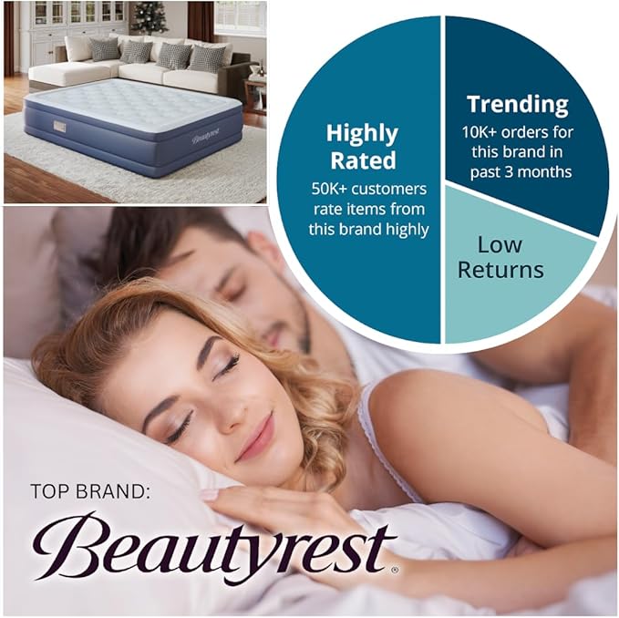 Beautyrest Supreme Air, Cal-King Size Air Mattress with Built-in Pump, Raised Inflatable Bed, Puncture-Resistant Vinyl, Auto Shut-Off, 650lb Support, Guest Bed, Camping Airbed, 3-Year Warranty