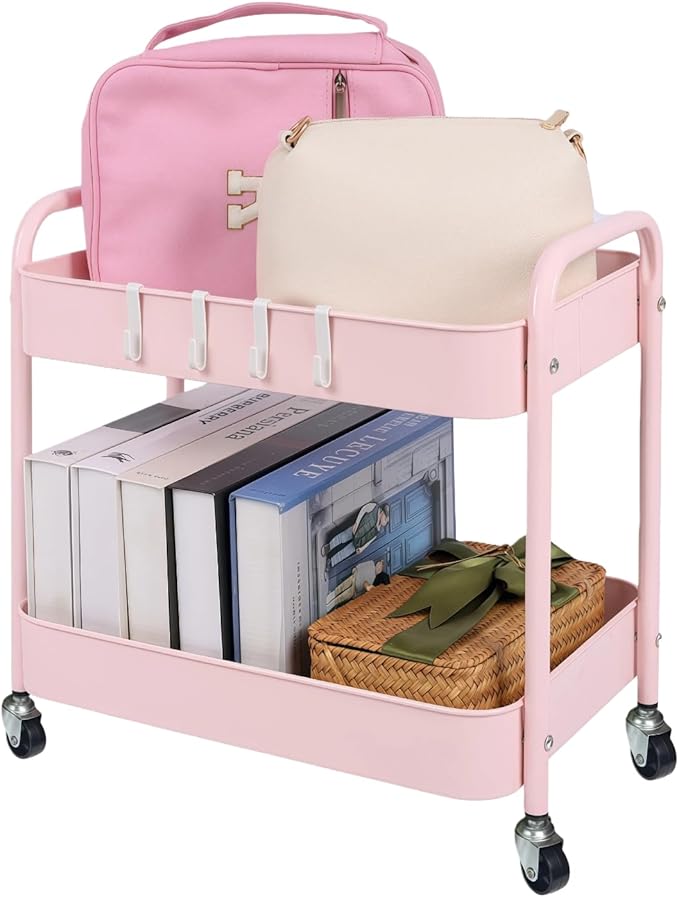 2 Tier Rolling Cart Metal with Wheels Under Desk Storage Cart for Small Space Organization, Small Trolley for Pantry Room Laundry Bathroom Kitchen Office Art Snack Baby Supplies, Pink