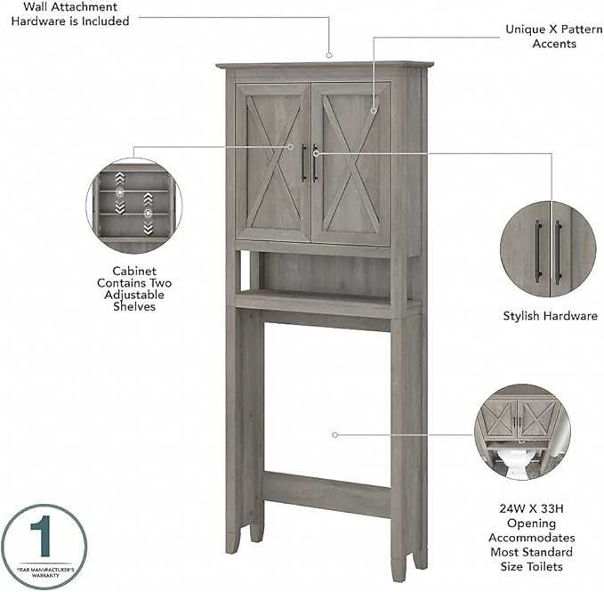 Bush Furniture Key West 32W Bathroom Vanity Sink with Mirror and Over The Toilet Storage Cabinet in Driftwood Gray