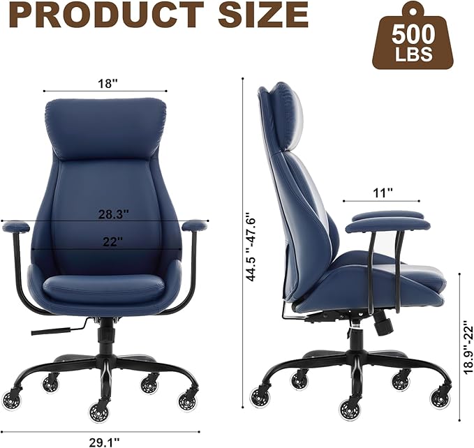 Home Office Desk Chair, PU Casters Ergonomic Computer Chair with Lumbar Support, Adjustable Height, 360°Rolling Swivel Chair, High Back Executive Task, Padded Armrests Chair, Blue Leather