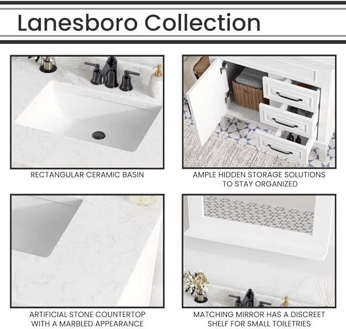 Hanover 31 Set Includes w, White Lanesboro 31'' Vanity Sink Combo for Bathroom, Powder Room | Pre-Assembled 1 Door, 3 Drawers | Accent Mirror | Artificial Stone Countertop, Cabinet, 31 inches