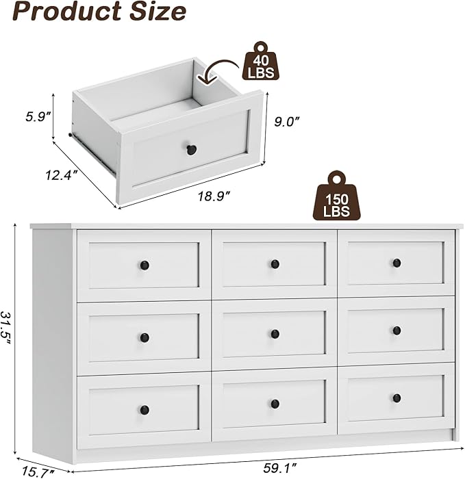 Dresser for Bedroom, 59.1" Wide White Dressers, Large Dressers & Chests of Drawers with Large Capacity for Bedroom, Hallway, Entryway, Closet