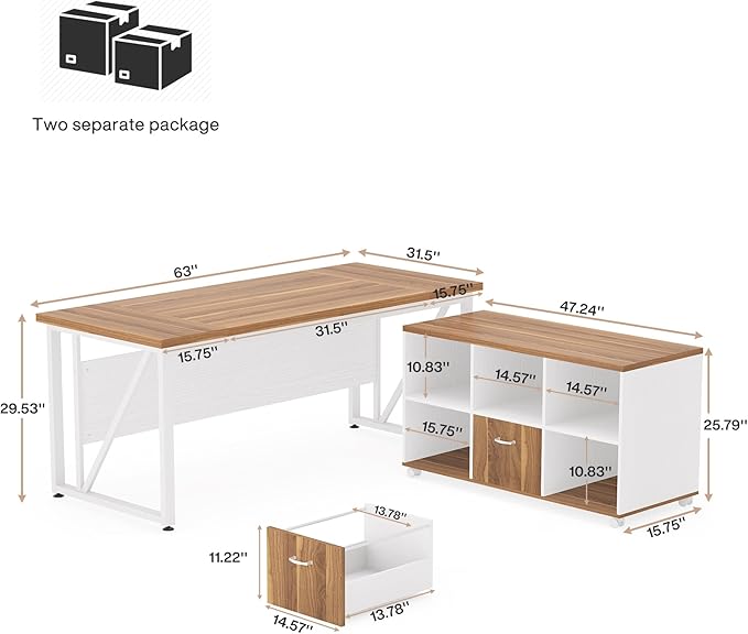 Tribesigns 63-Inch Executive Computer Desk with 47-Inch Lateral File Cabinet, Large Workstation Business Furniture, L Shaped Desk with Drawers and Storage Shelves for Home Office, Walnut & White