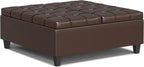 SIMPLIHOME Harrison 40 inch Wide Transitional Square Large Coffee Table Storage Ottoman in Chocolate Brown Vegan Faux Leather, Assembled, for The Living Room and Bedroom