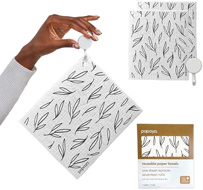 Papaya Reusable Paper Towels, Premium Swedish Dishcloths, Washable Reusable Dish Cloths, 1 Sheet Replaces 17 Rolls, Eco Friendly Stocking Stuffer - 2 Sheets, 1 Hook