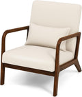 KOMFOTT Mid-Century Modern Accent Chair, Indoor Living Room Leisure Chair with Cushioned Seat & Back, Upholstered Armchair with Rubber Wood Frame & Lumbar Pillow, Lounge Chair for Bedroom, Beige