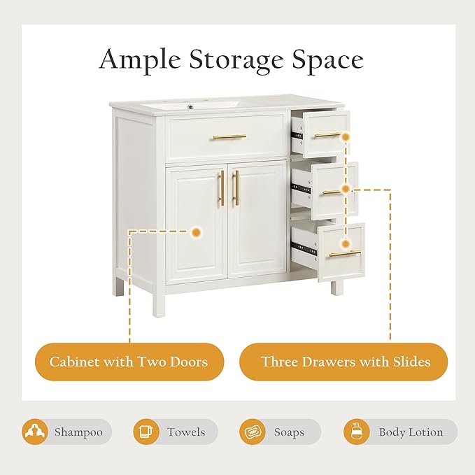 Favfurish 36" Bathroom Vanity with Sink Combo,Bathroom Vanity Cabinet with Two Soft-Closing Doors and Four Drawers,Free Stading Vanities w/Gold Handler,for Bathroom,Easy Assembly,White