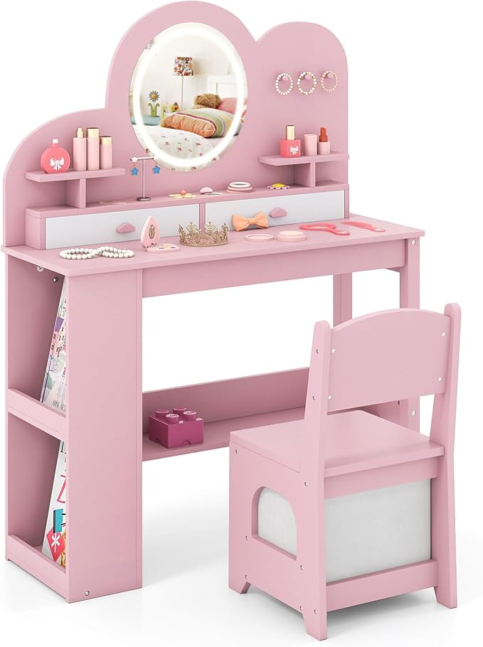 HONEY JOY Kids Vanity with Lights and Open Bookshelf, Cloud Princess Makeup Dressing Desk, Drawers, Wooden Pretend Play Toddler Vanity Table & Chair Set with Lighted Mirror for Little Girls (Pink)