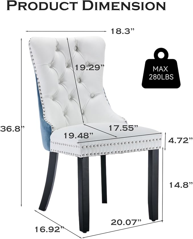 Leather Upholstered Dining Chairs Set of 2, Modern Style Kitchen Side Chairs with Nailhead Trim and Wood Leg, Metal Pulling Ring for Dining Room Living Room(White&Blue,Set of 2)