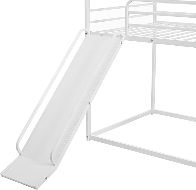 Bunk Bed with Slide for Kids,Bunk Bed Twin Over Twin, Metal Junior House Low Bunk Bed, Toddler Floor Bunk Beds Frame with Guardrail for Kids, Convertible Slide and Ladder Noise Free(New White)
