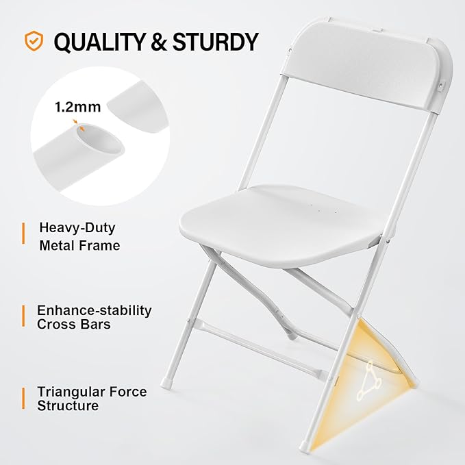 VINGLI 12 Pack White Plastic Folding Chair, Indoor Outdoor Portable Stackable Commercial Seat with Steel Frame 350lb. Capacity for Events Office Wedding Party Picnic Kitchen Dining