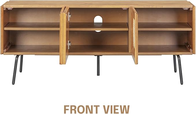 NTC Mossic TV Media Cabinet with 3 Doors for TVs, Entertainment Center with Natural Rattan, Metal Legs, Modern Storage Console for Living Room and Bedroom, Effortless Assembly, Teak Look