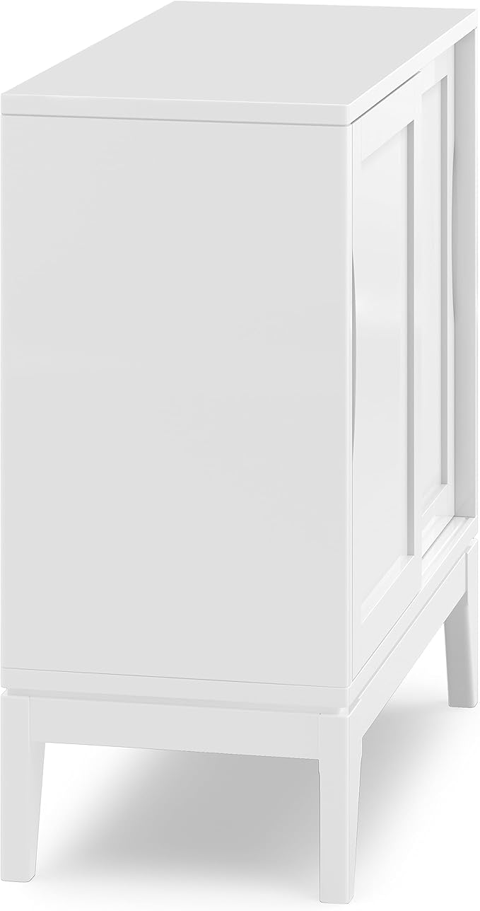 SIMPLIHOME Harper Storage Cabinet - 30 inch Wide Solid Hardwood 2-Shelf Low Console Cabinet in White, Mid-Century Modern Cupboard for Living Room with Sliding Doors and Adjustable Shelves