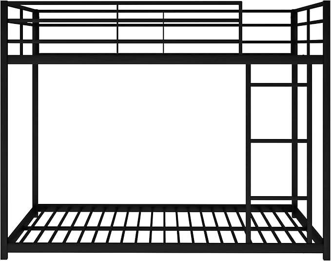 Full Over Full Metal Bunk Bed with Full-Length Guardrail,Low Bed Frame W/Ladder, Steel,No Noise,Bedroom Furniture for Adult Kid Boy Girl Teen,Black