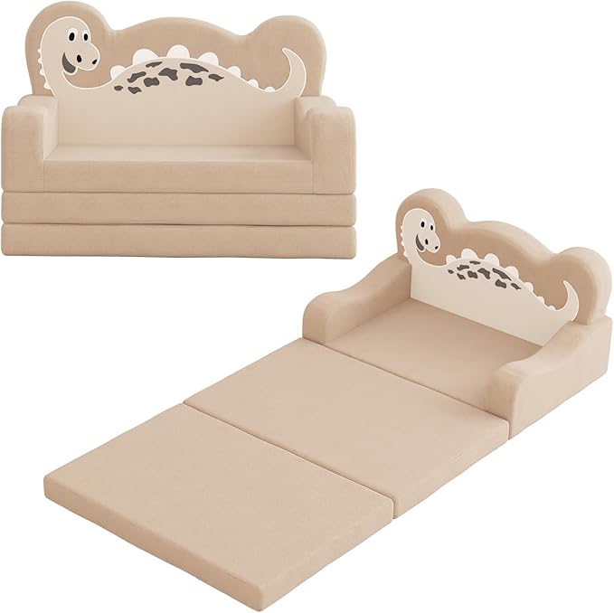 YACODAVO 2-in-1 Kids Couch Fold Out, Convertible Toddler Couch to Lounger, Toddler Chair Comfy, Kids Sofa for Girls and Boys, Gift for Birthday, Children's Day, Dinosaur Beige
