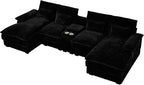 HYJT-H&K 124" U Shaped Cloud Couch Sectional, Comfy Fluffy Plush Corduroy Dark Black Sectional Couches for Living Room, Modern Modular Corduroy Couch Sectionals with Central Console & Double Chaise