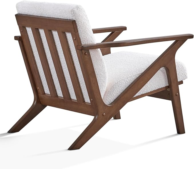 Zola Mid Century Modern Accent Chair Arm Chair: The Perfect Reading, Living Room, and Bedroom Chairs for Modern Home Furniture Use! Solid Wood Frame, White Boucle/Walnut