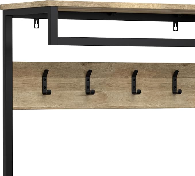 SIMPLIHOME Westmont Hall Tree Bench - 40 inch Wide Solid Mango Wood Entryway Seat in Natural, Industrial Bench for Entryway or Hallway with Metal Frame, Coat Hooks and Open Shelf