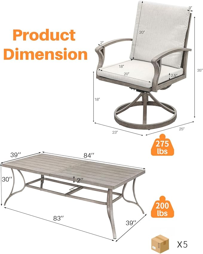 9-Piece Patio Dining Set for 8, Aluminum Outdoor Swivel Dining Set with Cushions, Outdoor Dining Set with Umbrella Hole, Patio Table and Chairs Furniture Sets for Deck, Garden Yard, Limed Oak