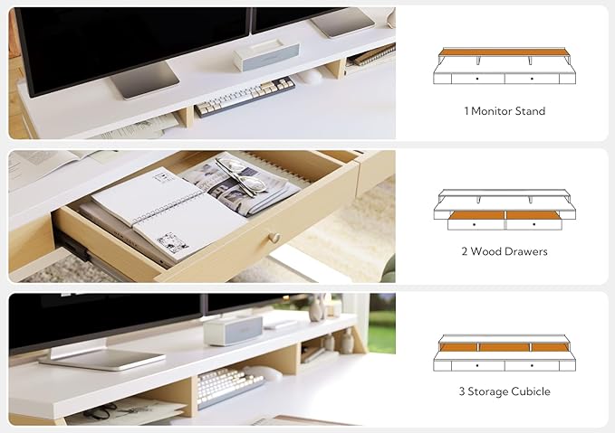 Claiks Electric Adjustable Standing Desk with Drawers, Sit Stand Up Desk with Storage Shelves & Wheels, 55 Inch White