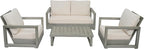 Christopher Knight Home Olaf 4 Pieces Outdoor Conversation Set, Acacia Wood Chat Set, Rectangular Coffee Table and Patio Loveseat with 2 Club Chairs, Patio Furniture Set with Cushion, Beige+Light Grey