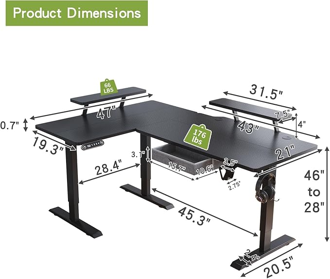 Radlove 63-Inch Large Electric Height Adjustable Computer L-Shaped Desk with Memory Controller Corner Standing Desk Modern Workstation with Splice Board Ergonomic Desk (Black Frame + Black Top)