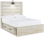 Signature Design by Ashley Cambeck Farmhouse Full Panel Platform Bed with 4 Storage Drawers, Sconce Light and USB Ports, Foundation or Box Spring Not Needed, Whitewash