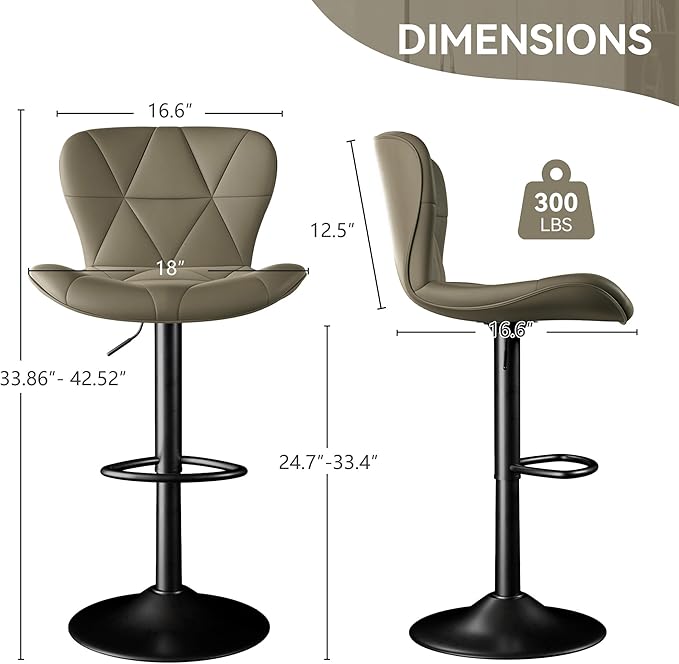 Bar Stools Set of 4,Adjustable Swivel Barstools, Faux Leather Bar Chairs,Upholstered Counter Height with High Backrest for Kitchen Island, Dark Khaki