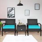 COSTWAY Rattan Patio Furniture Set 3 Pieces, Wicker Conversation Set with Tempered Glass Coffee Table, Seat Cushions, Outdoor Chair Wicker Sofa for Backyard Balcony Porch Poolside, Turquoise