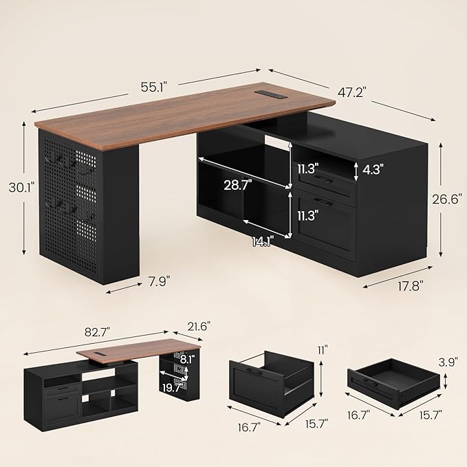 L Shaped Desk, 55" Reversible Office Desk with File Drawers & Storage Shelves, Modern Executive Desk with Power Outlets, Pegboard, 6 Hooks, Rotating Corner Computer Desk for Home Office, Walnut
