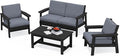 SERWALL 4 Piece HDPE Outdoor Furniture Set, All Weather Wood-Like Outdoor Sofa Sectional Couch, Black Patio Furniture Set with Grey Cushions