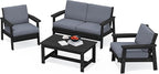 SERWALL 4 Piece HDPE Outdoor Furniture Set, All Weather Wood-Like Outdoor Sofa Sectional Couch, Black Patio Furniture Set with Grey Cushions
