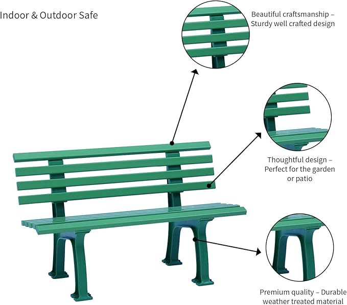 Plow & Hearth Weatherproof German PVC Outdoor Bench | Holds Up to 500 lbs | Garden Patio Porch Park Deck | Steel and Resin | Green