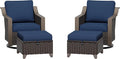 Patio Metal Wicker Swivel Chairs with Ottomans Set of 2, Conversation Furniture Set - 360 Degree Glider Rocker Chairs | 2 Wicker Ottomans, Washable Cushions, Metal armrests (Navy Blue)