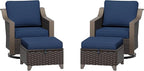 Patio Metal Wicker Swivel Chairs with Ottomans Set of 2, Conversation Furniture Set - 360 Degree Glider Rocker Chairs | 2 Wicker Ottomans, Washable Cushions, Metal armrests (Navy Blue)