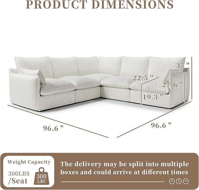 Waterproof Cloud Sectional Sofa for Living Room,High Backrest Down Filled Couch,5 Seater Oversized Modular V-Shaped Couches,Detachable Couch Covers,Cream White
