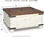 Signature Design by Ashley Wystfield Farmhouse Square Storage Coffee Table with Hinged Lift Top, Distressed White