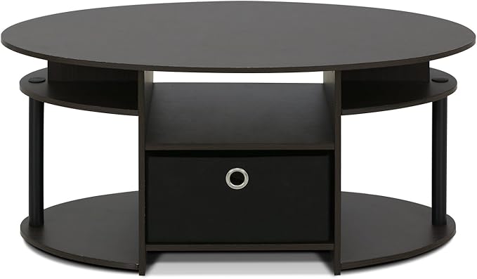 Furinno Jaya Simple Design Oval Coffee Table with Bin for Living Room, Walnut