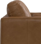 SIMPLIHOME Morrison Accent Chair - 43 inch Wide Upholstered Top Grain Genuine Leather Mid-Century Modern Arm Chair with Solid Wood Frame in Caramel Brown, for Living Room with 2 Bolster Pillows